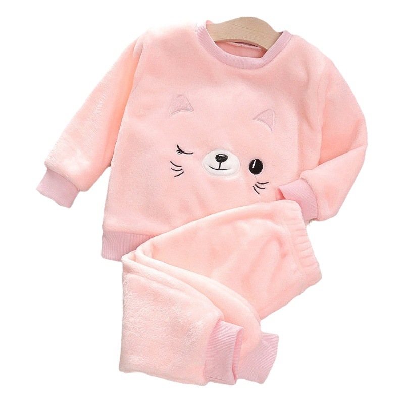 Boys and Girls flannel home wear suit infant pajamas thickened coral fleece cat face long sleeve two-piece set cute