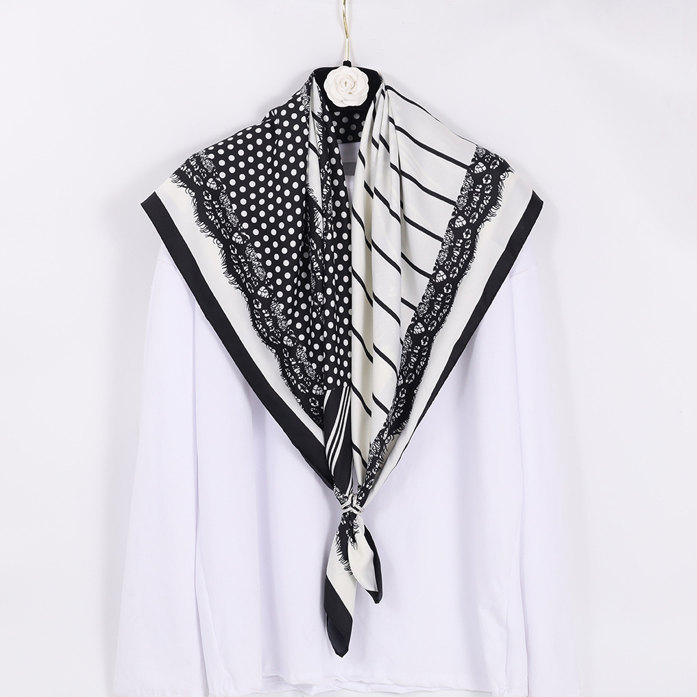 Black and White Lace Polka Dot Printed Silk Scarf for Women Kuaishou Influencer Picks Gauze Scarf 90*90cm Twill Cotton Silk Scarf