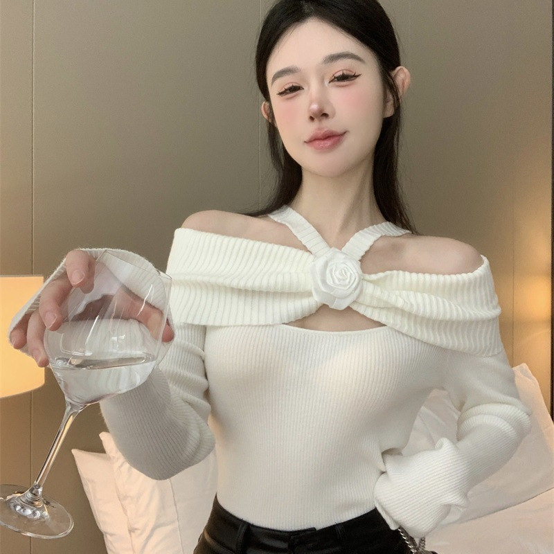 Autumn and Winter Chanel Style Knitted Base Shirt Inner Shoulder French Sweater Pure Desire Spice Girl Shoulder Neck Top for Women