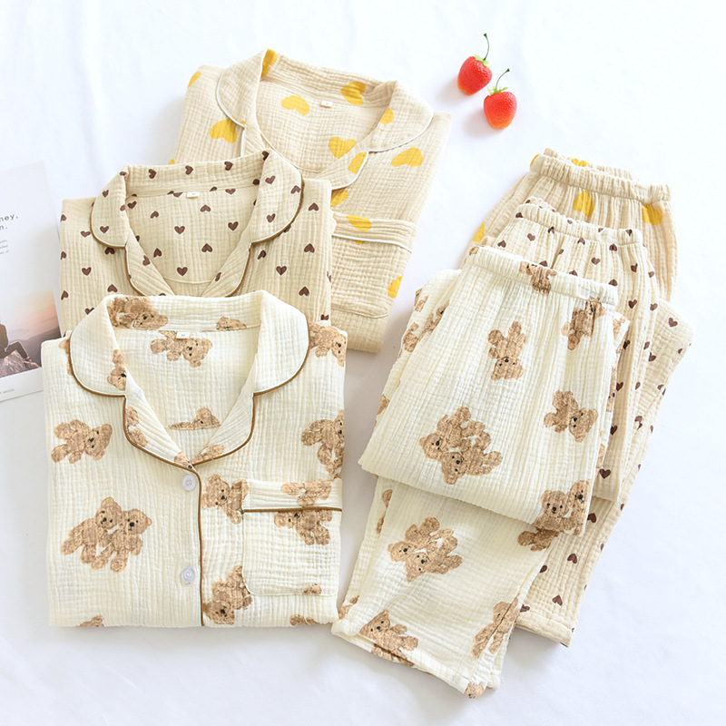 Women's Cotton Crepe Pajamas Double-Layer Gauze Lapel Long-Sleeved Trousers suit Autumn and Winter Tricolor Peach Heart Home Clothes