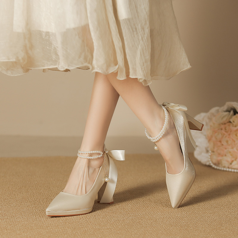Picture of 8066-7 Temperament French Suede Pointed Thick Heel Women's Bow Pearl Platform High Heel Shoes
