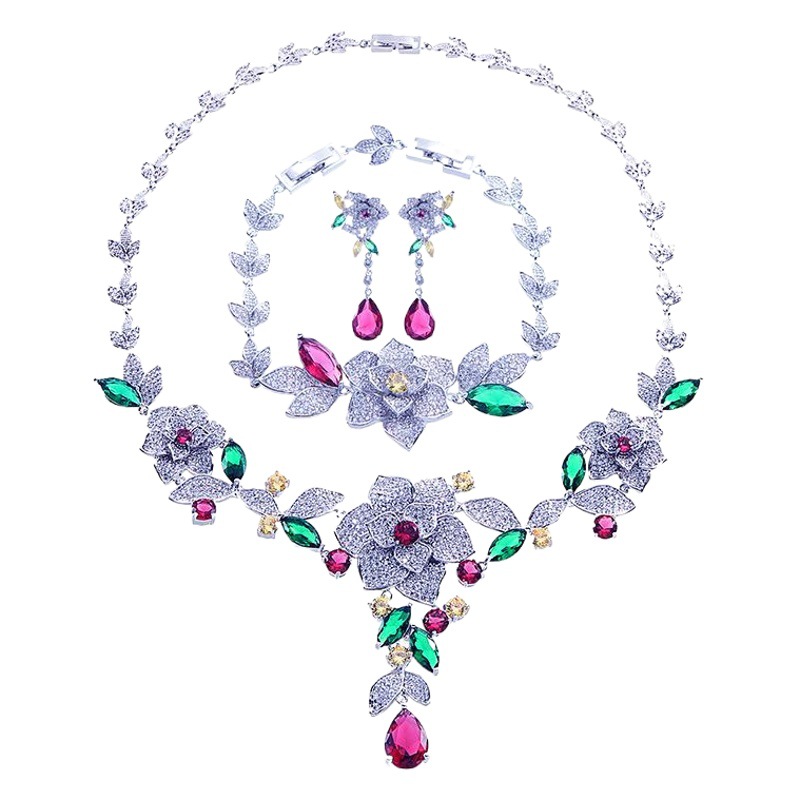 Bridal Jewelry Set Japanese and Korean Style Flower Shape Colorful Zircon Bracelet Earrings Necklace Three-Piece Set Holiday Accessories