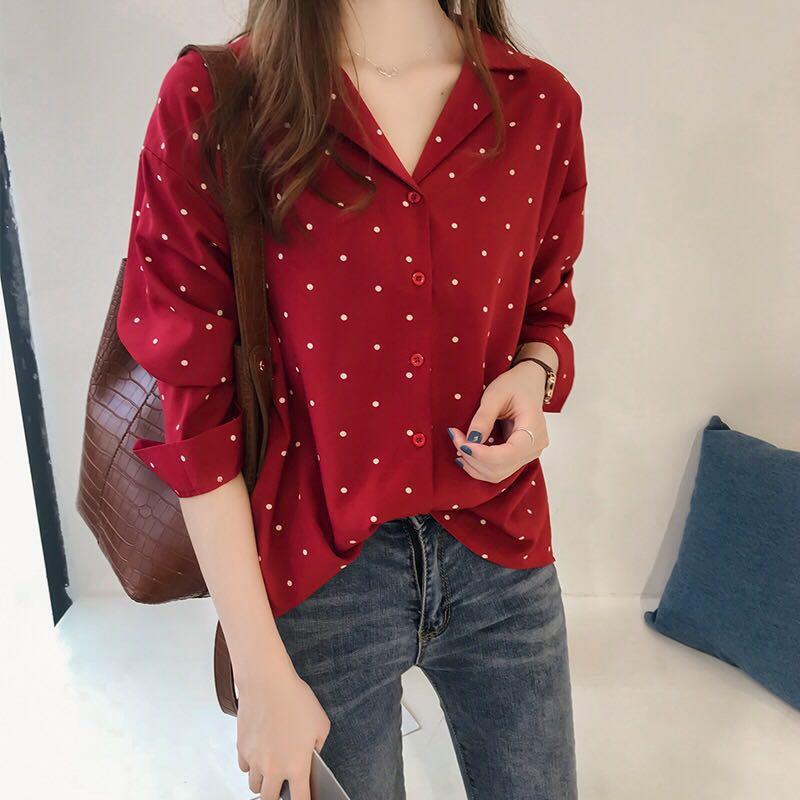Internet Celebrity Early Autumn Women's New Arrival Hong Kong Flavor Polka Dot Printed Chiffon Shirt Women's Long Sleeve Top Korean Style Shirt