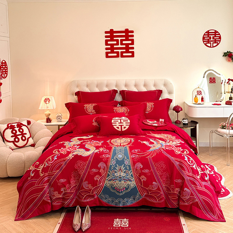 Picture of High-end European-style Wedding Four-piece Cotton Big Red Embroidered Sanding Quilt Cover Wedding Bedding Accompanying Wedding Room