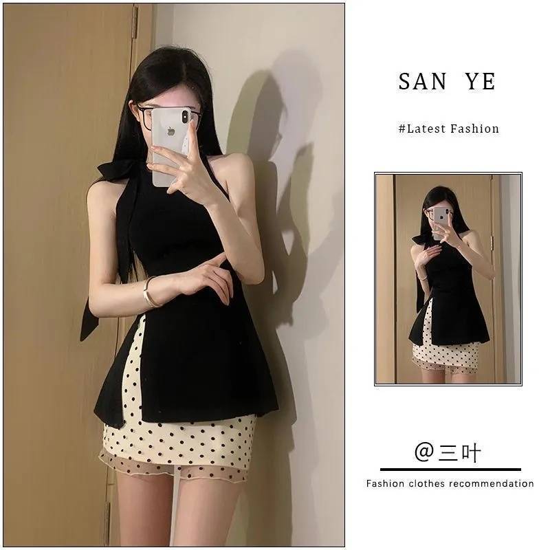 Suit for Women 2025 New Summer Korean Design Black Elegant Slit Top High Waist Polka Dot Skirt Trendy