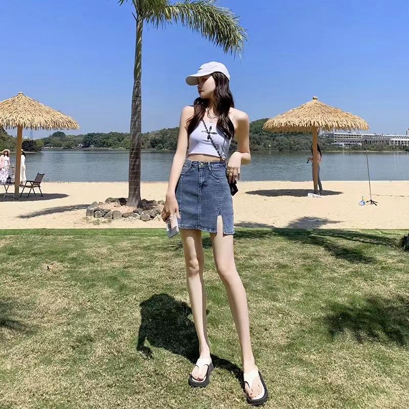 American Denim Skirt Women's 2024 Summer New High Waist Slimming Anti-glare A- line Hip Skirt Half-length Skirt