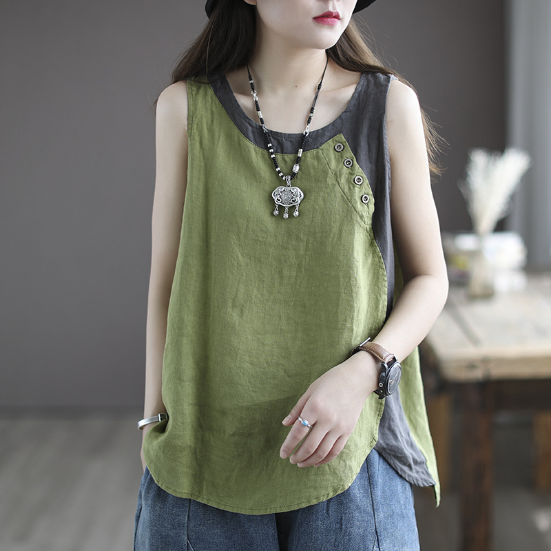 Vintage Artistic Contrast Color Stitching Vest Women's Summer Thin Commuter Strap Button Decorative Loose Slim-fit Top