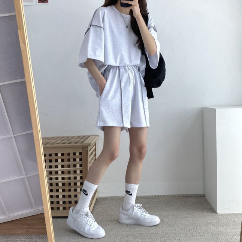Cotton Retro Sleeve Shorts Two-piece plus size Solid Color Summer Fashion Casual Sportswear suit Loose