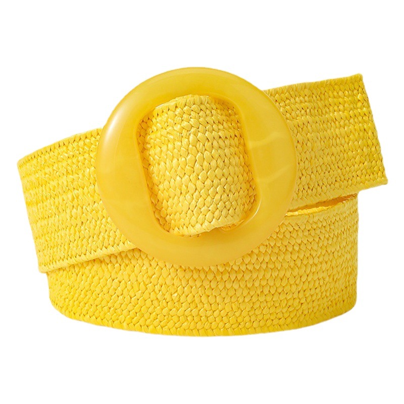 New bohemian candy color pp grass woven elastic belt resin round buckle retro decorative women's wide waist seal