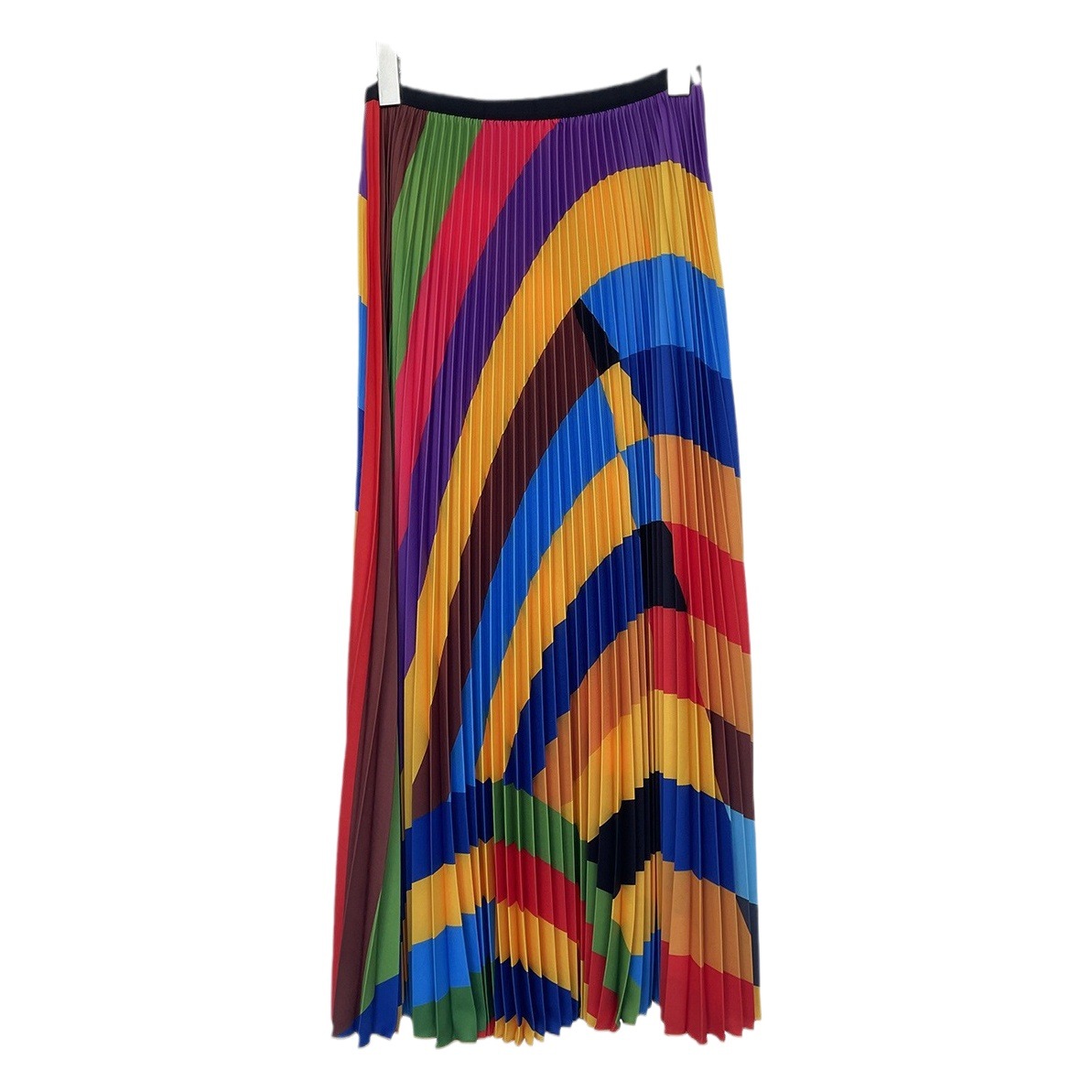 Cross-border high-end design rainbow striped printed pullover long-sleeved top high waist pleated skirt two-piece set new