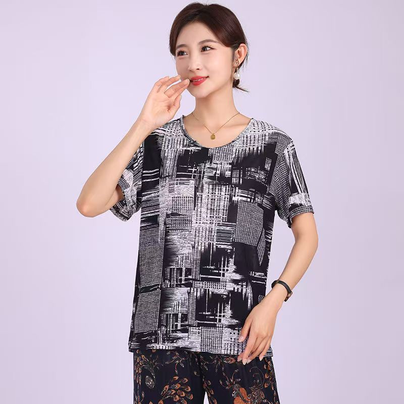 Picture of Middle-aged summer short-sleeved women's T-shirt mother outfit for the elderly loose elastic casual round neck plus size ice silk wholesale
