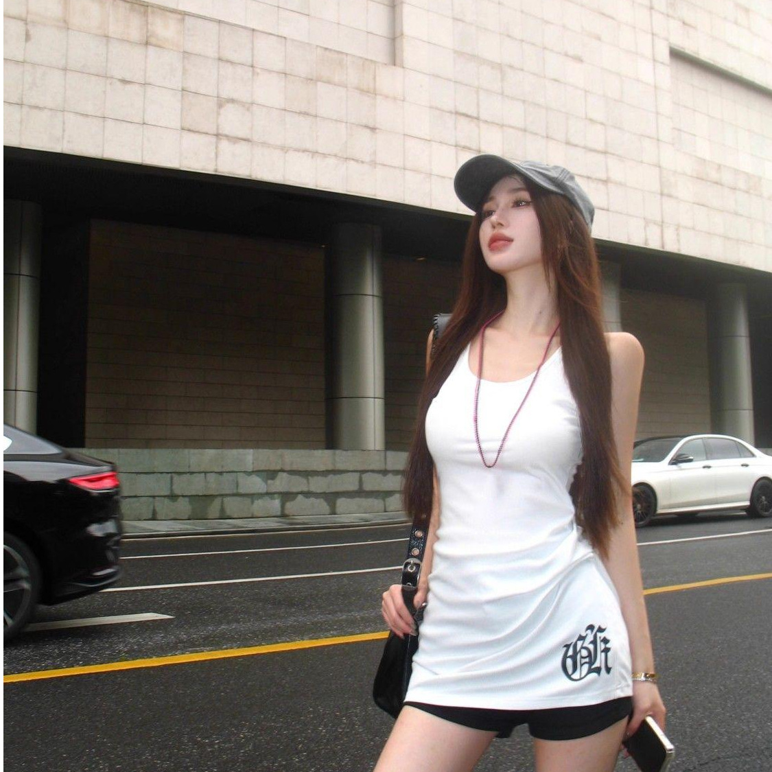 American Hot Girl White Inner Layering Shirt Suspender Short-Sleeved T-Shirt Women's Summer Outer Wear Hot Girl Mid-Length Top Trendy