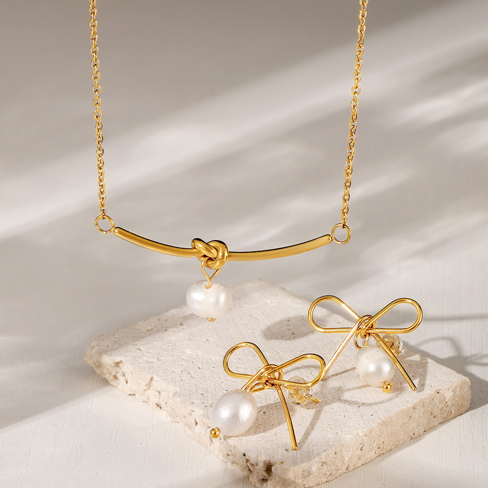 Picture of French Hollow Bow Earrings Freshwater Pearl Rope Necklace Stainless Steel Sweet Temperament Girlfriend Gift suit
