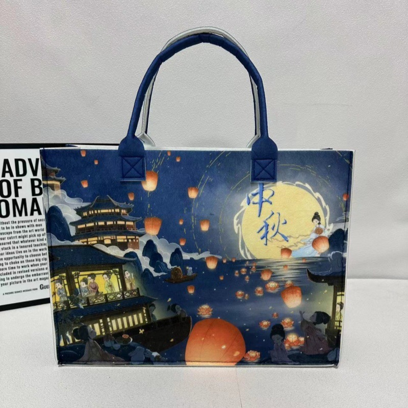 Picture of In-Stock Wholesale Mid-Autumn Felt Bags with Traditional Chinese Style, Various Styles Available, Thickened Large-Capacity Felt Tote Bags