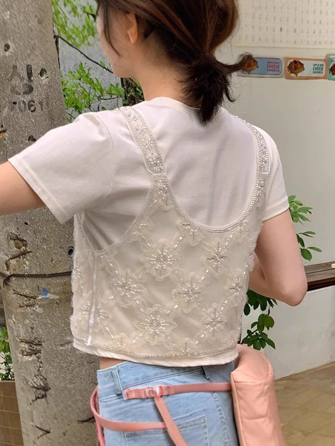 Picture of French Heavy Industry Beaded Hollow Stacked Camisole Women's Summer Design Sense Niche Western Style Fashion Short Top
