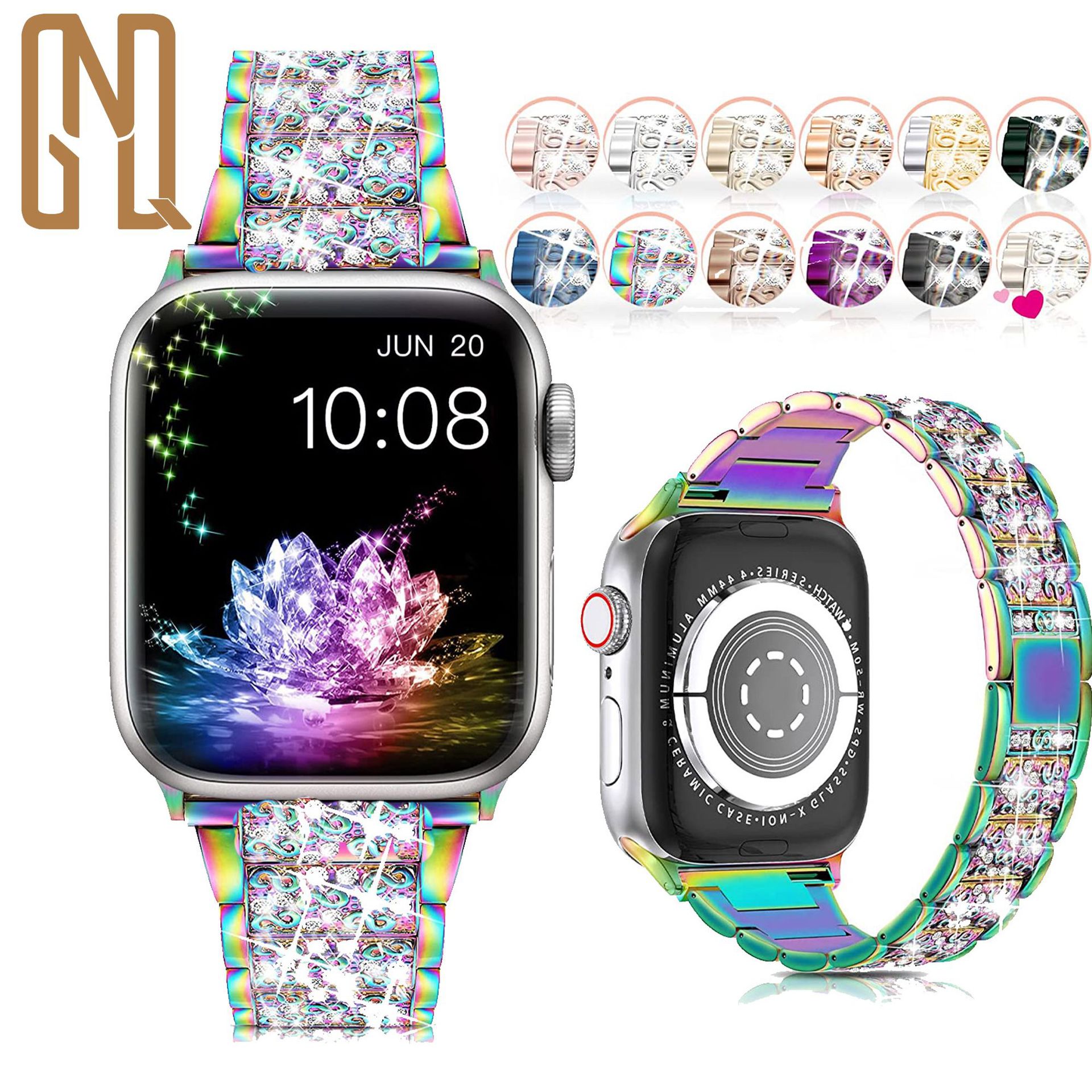 Cross-Border Apple Watch Strap with Three-Bead S-Shaped Diamond-Encrusted Metal Watch Strap Suitable for iWatch 1-11 Generation Se Strap in Stock