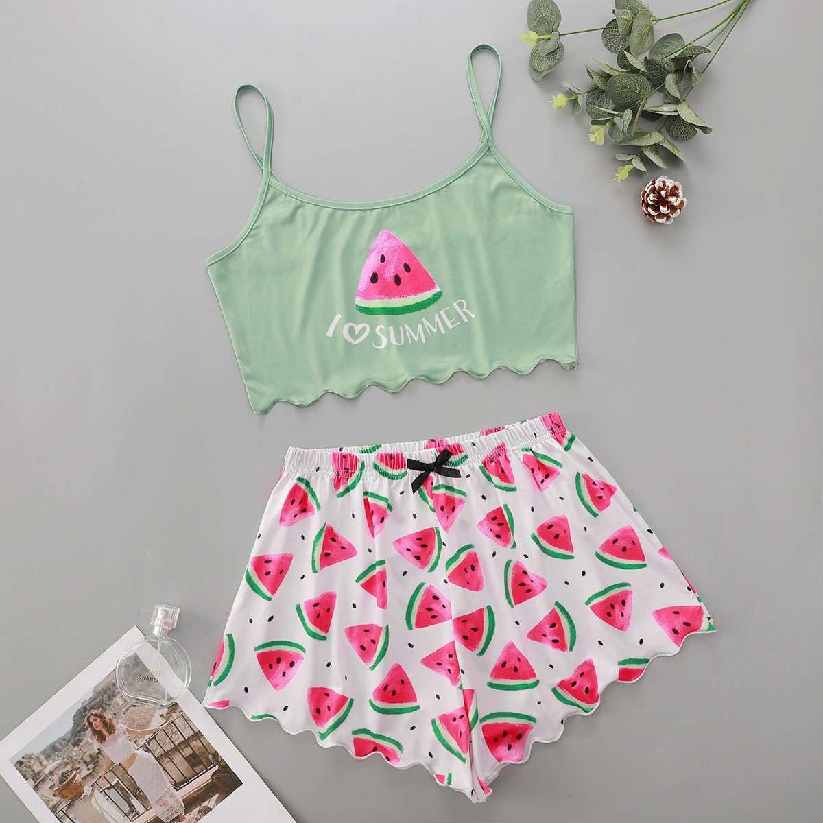 European and American Summer Watermelon Print Suspender Suit for Home and Outdoor Leisure, Versatile, Whitening and Slimming Watermelon Print Suspender