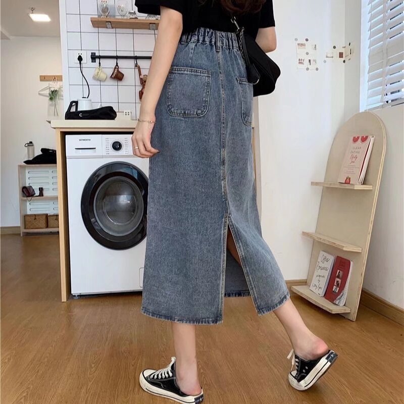 Blue Denim skirt women's 2024 high waist slimming mid-length design hip skirt back slit loose skirt