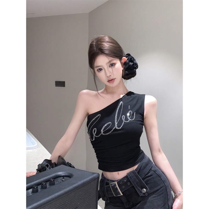 Retro Letter Hot Diamond Sexy Slanted Shoulder Vest for Women Summer Slim Black Sexy Short Sleeveless Top for Outer Wear