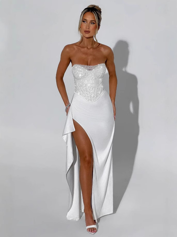 Sexy Spice suit Women's 2024 Winter New Buling Sequins Chest Wrap Top Hip Half-length Split Dress