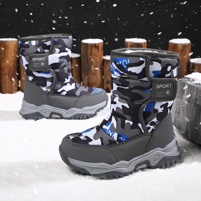 2025 winter children's high-top snow cotton shoes, camouflage cotton shoes, cross-border boys' and girls' shoes, warm large cotton boots