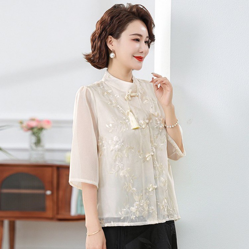 Picture of Mother's Summer Dress New Chinese Style National Style Embroidered Tassel Vertical Collar Mid-Sleeve Chiffon Shirt Thin Middle-Aged Women's Elegant Shirt