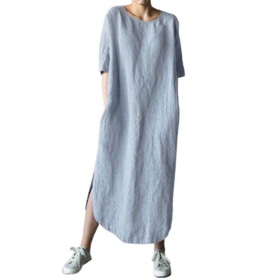 2024 Cross-border AliExpress Independent Station Crewneck Half Sleeve Solid Color Side Split Middle Leg Cotton Linen dress Women