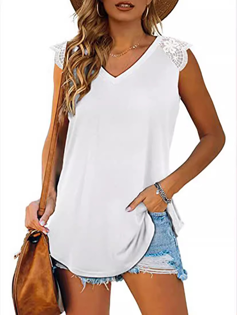 Amazon Europe and the United States cross-border foreign trade women's summer new lace stitching V-neck T-shirt sleeveless vest top