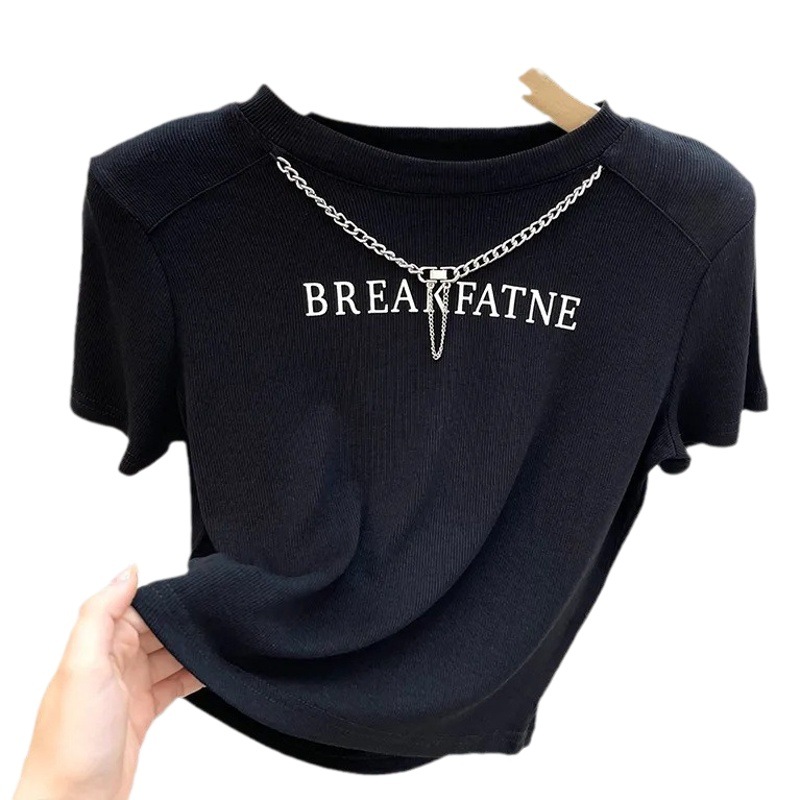 High-end Thread Summer New Short Shoulder Slim-fit Sweet and Hot Small Top Design Niche Short-sleeved T-shirt Women's Ins