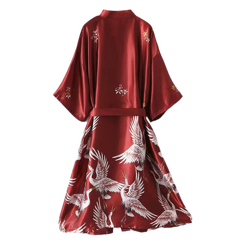 Simulated Silk Short Crane Print Pajamas for Women Spring and Summer Silk Bridal Dressing Gown Large Size Home Nightgown Bathrobe