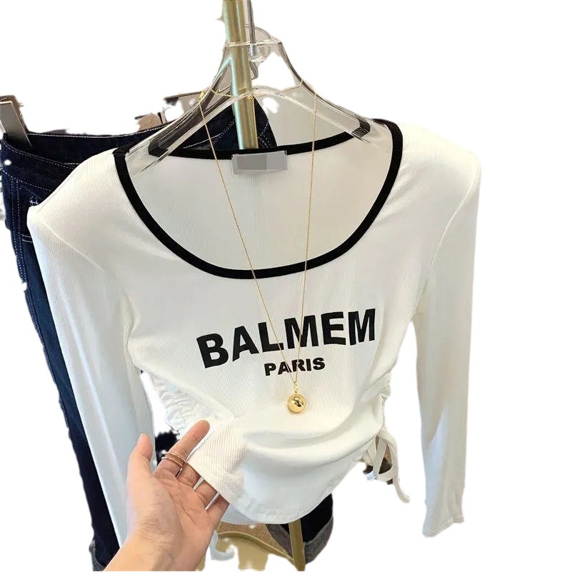 Contrast Color Letter Drawstring Tight Waist Slimming Long-sleeved T-shirt Women's 2024 Early Autumn New Foreign-style All-match Chic Top Ins Trendy