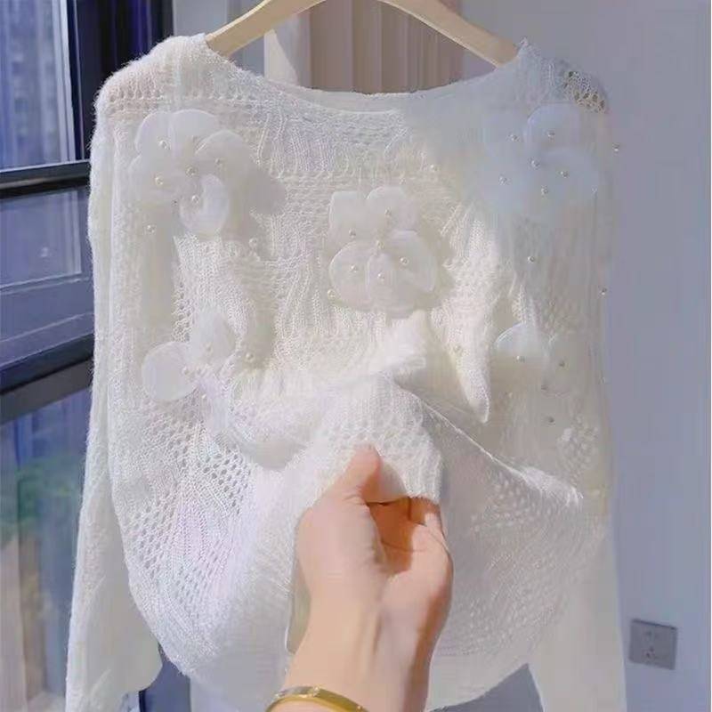 Picture of Lazy Heavy-Duty Sweet Three-Dimensional Loose Floral Beaded Hollow Knit Sweater 2025 New Sweater Top