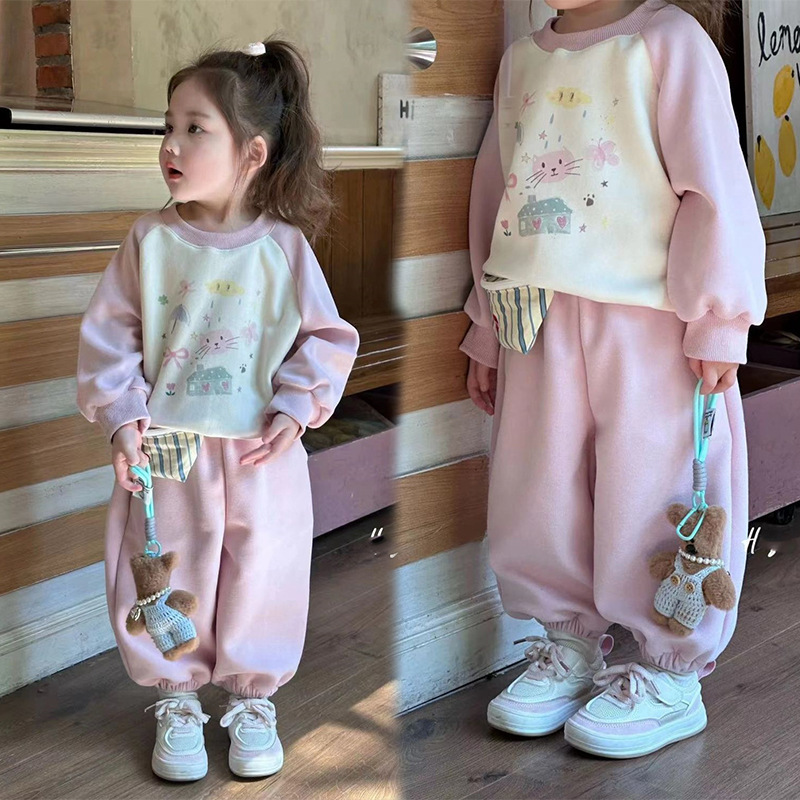 Girls' Baby Korean-style Cute suit Children's Spring and Autumn New Stylish Cartoon Sweatshirt Fashionable Trousers Two-piece Set