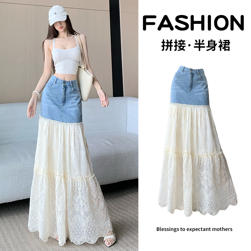 Sister Xiaoyu's Summer Misty Lace Skirt with Western Style Design Denim Splicing Multi-Layered Lace Skirt for Women