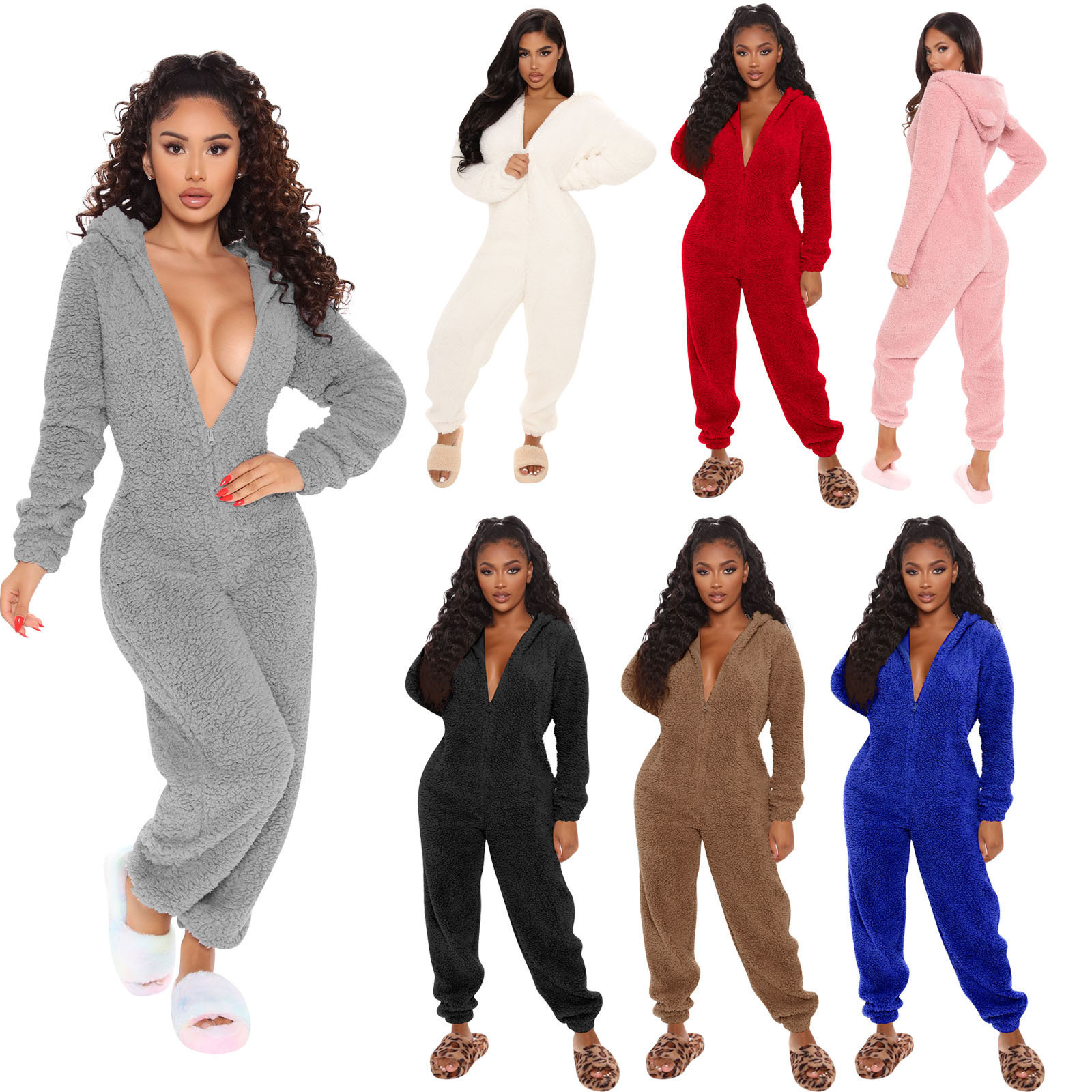 Cross-border New Autumn and Winter Long-sleeved Hooded Casual Jumpsuit Trousers Plush Home Clothes Pajamas Cute Jumpsuit