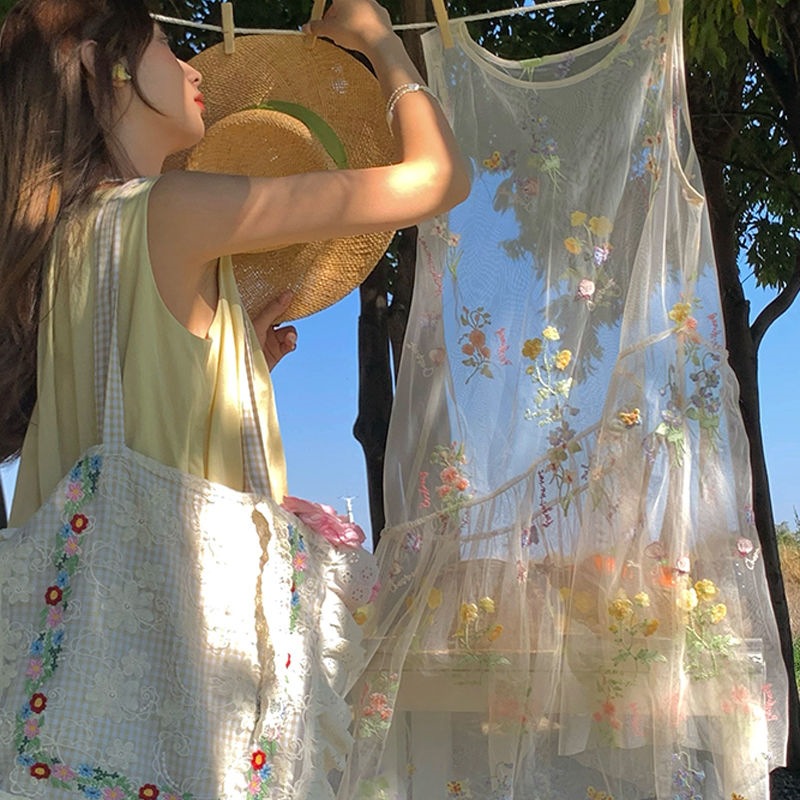 "Die Ling Huayang" Mesh Embroidered Sleeveless Dress for Women Summer Loose Layered Overskirt Vest Dress