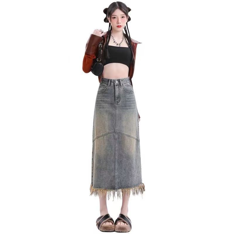 Vintage Tassel Stitching Small Denim Skirt Women's Autumn and Winter New High Waist A- Line Split Slimming Midi Dress
