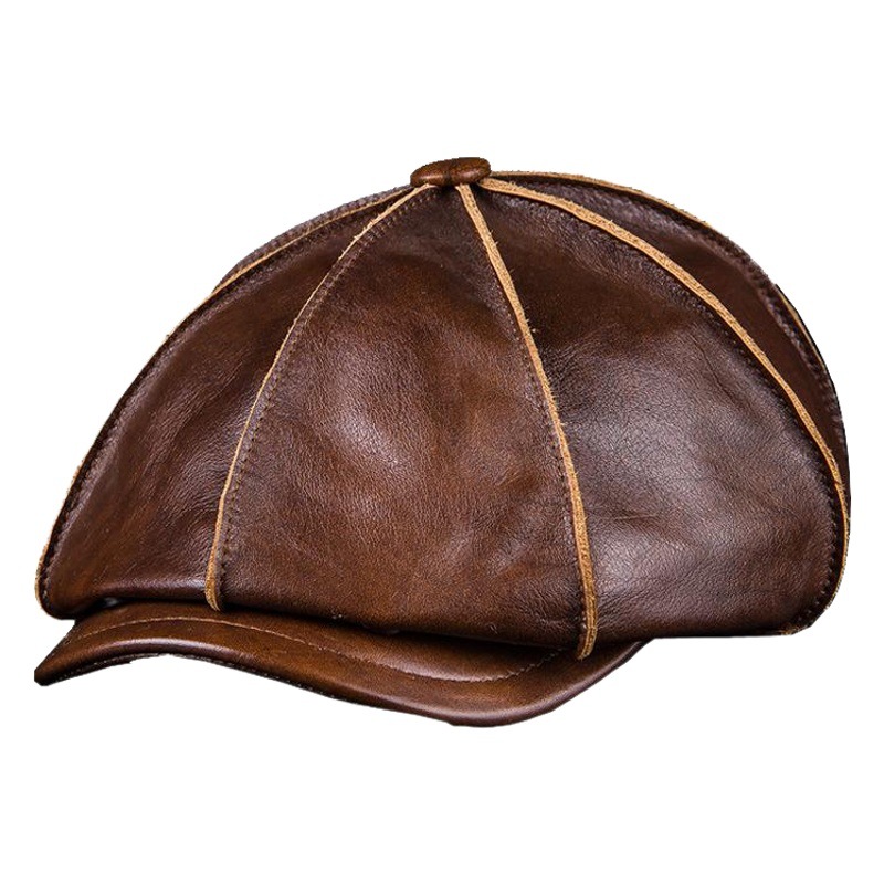 Manufacturers selling berets men's Haining leather top layer cowhide outdoor winter warm octagonal cap origin supply