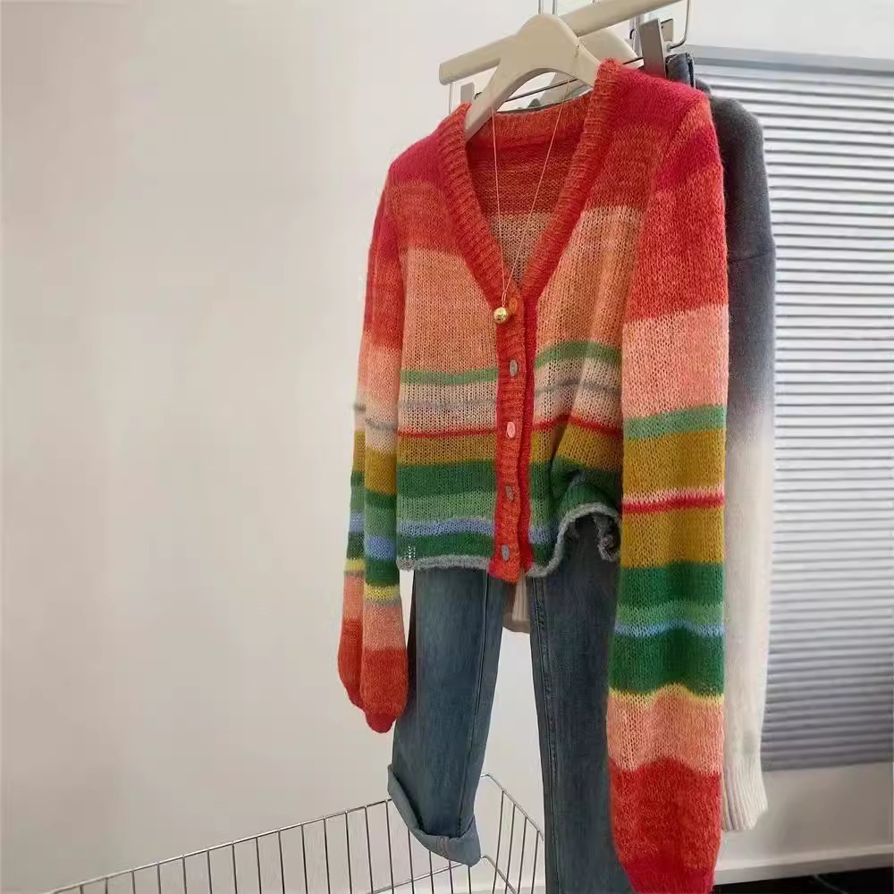 Picture of Rainbow Contrast Color V-neck Sweater Women's Autumn and Winter High-end Sense Super Good-looking Cardigan Jacket Candy Color Sweater Top Trendy