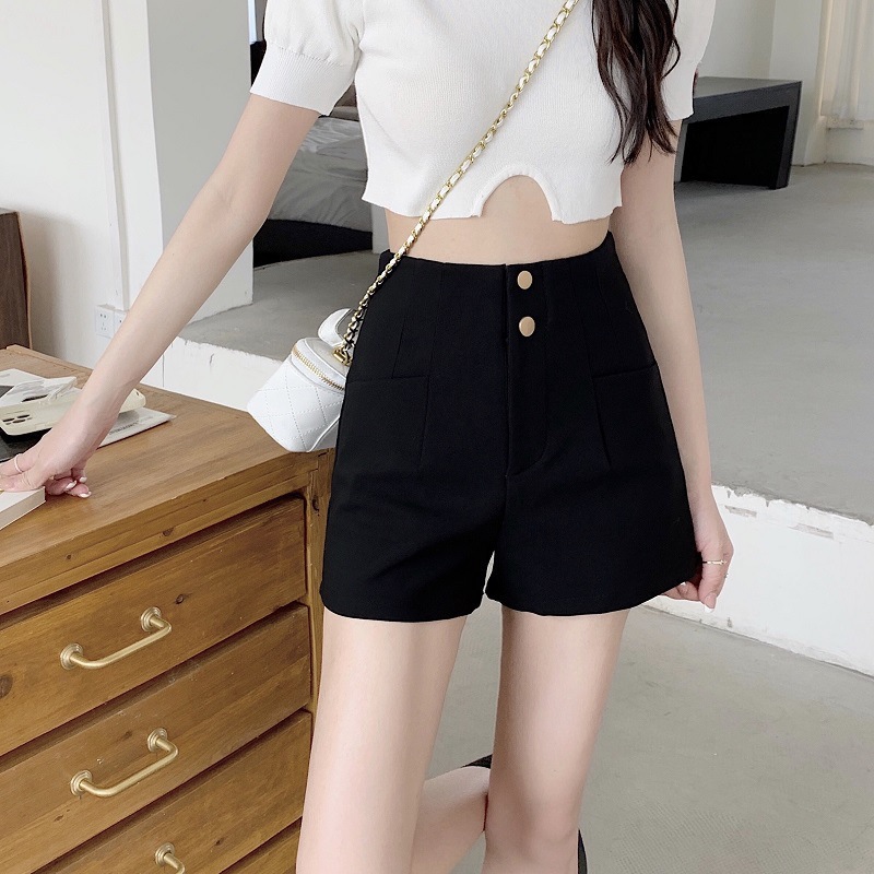 Summer New All-match Casual Pants Slim-fit Slimming A- line Hot Pants plus size chubby girl High Waist Black Wide-leg Shorts for Women