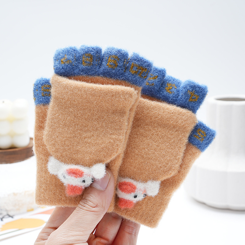 Picture of Children's flip gloves autumn and winter boys half finger warm cute Primary School students writing knitted dual-purpose gloves wholesale