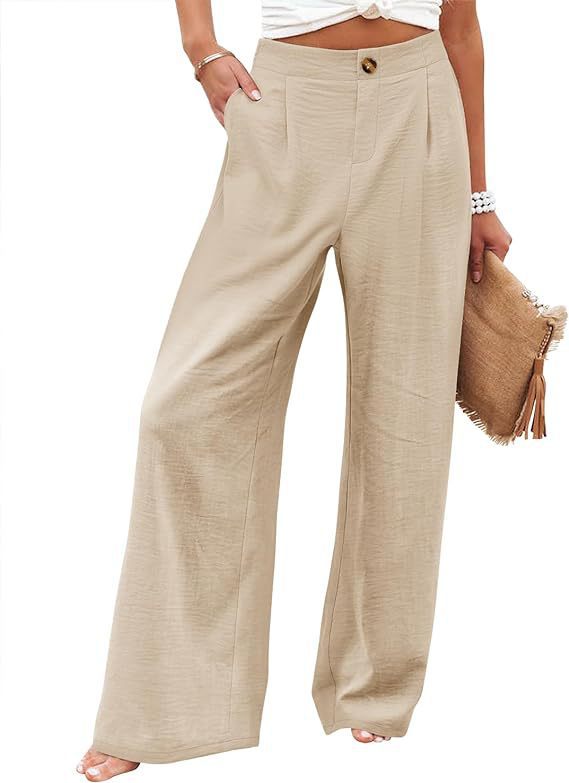 Picture of 2025 Cross-Border Amazon European and American Summer Plaid High Waist Trousers Button Elastic Waist Wide Leg Pants Women's Casual Straight-Leg Pants