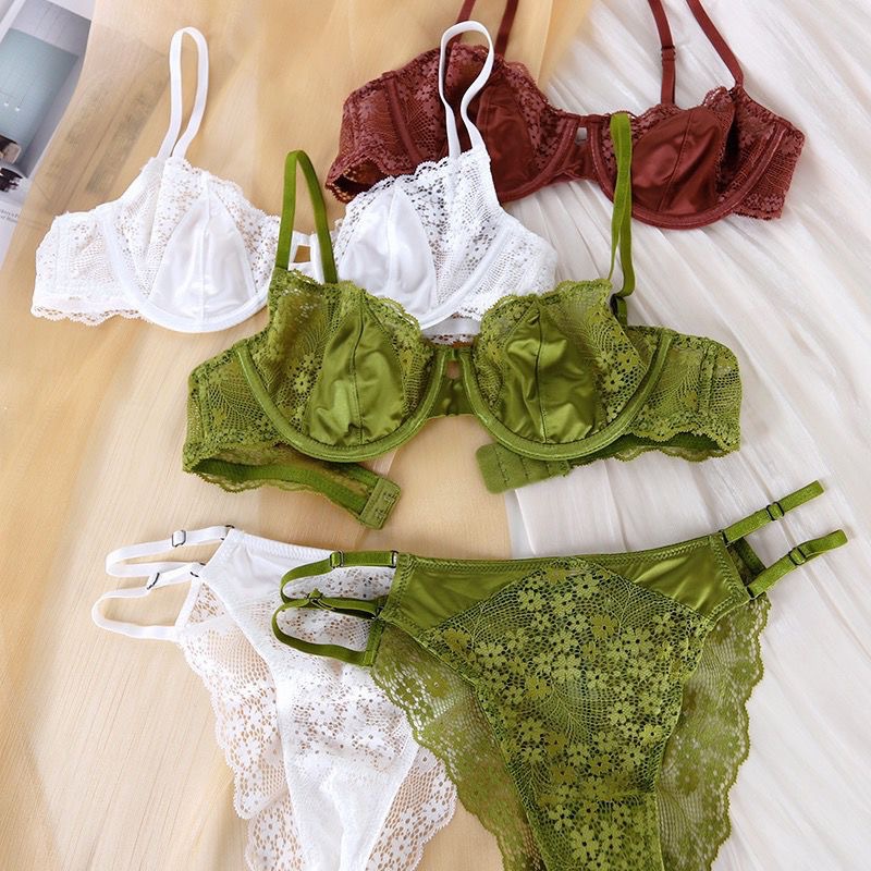 French Style Sexy Underwear Ultra-thin Satin Lace Underwear suit Large Chest Small Chest Anti-sagging Girly Bra