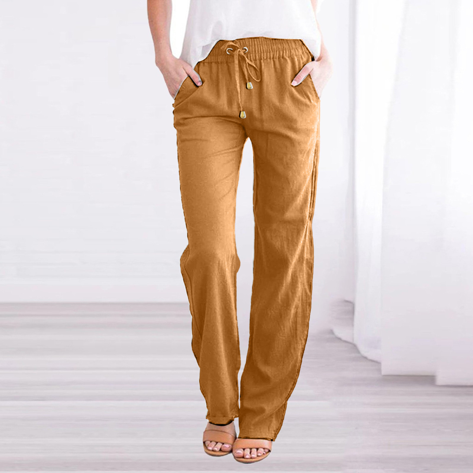 Picture of 2025 Cross-Border Ebay Amazon Wish Spring and Summer New Pure Color Cotton and Linen Loose Drawstring Casual Wide-Leg Pants for Women