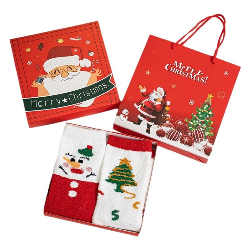 2 pairs of boxed Christmas socks double-sided velvet warm thickened Christmas gift box socks couple winter home sleep socks