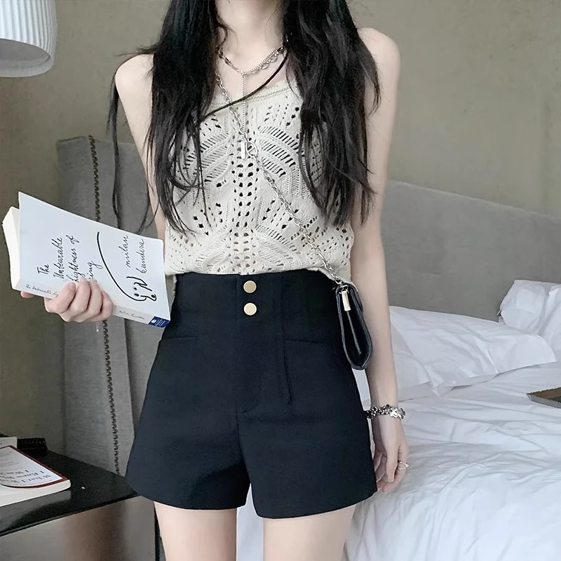 Spring High Waist Shorts Women's A Hot Pants New Casual Wide Leg 2023 Outer Wear Slim Waist Ins Trendy Black Middle Eastern