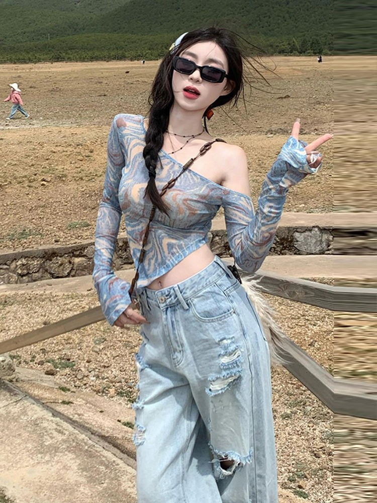 Picture of HoT Girl American ReTro Off-shoulder Long-sleeved T-shirT Women's Summer AsymmeTrical Slim Sexy Sun ProTecTion Mesh Blouse Top