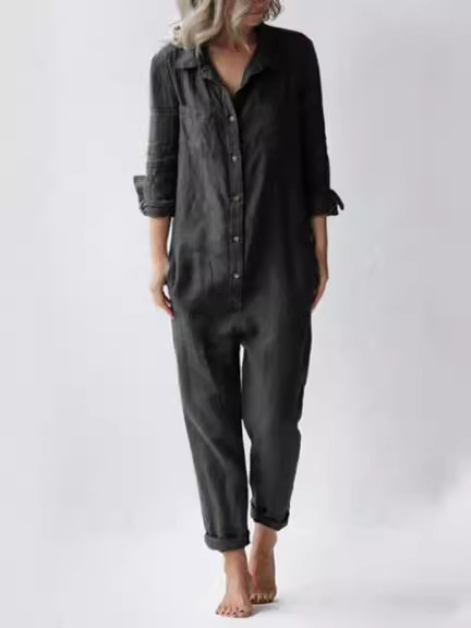 Picture of 2024 cross-border foreign trade hot casual lapel pocket long sleeve solid color cotton jumpsuit green