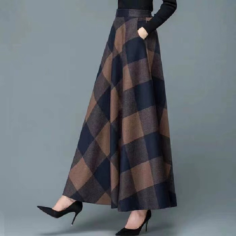 Autumn and Winter Plaid Skirt Women's Retro New plus size Mid-length A- line Skirt Large Swing Skirt High Waist Slimming Long Skirt Trendy