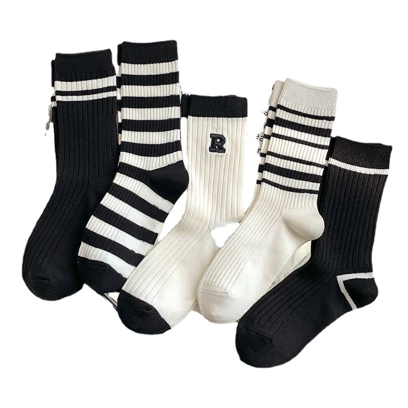 Socks Women's Mid-tube Socks Students Autumn and Winter Black and White Stripes R Letter Fashion All-match Japanese Sports Socks ins Fashionable Socks
